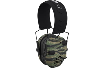 Image of CrossFire Razor Slim Electronic Muff, 23 dB, Over The Head, Black w/Tiger Stripe Camo, GWPRSEMTCMO
