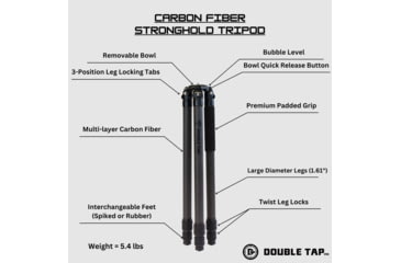 Image of Double Tap Industries Stronghold Carbon Fiber Shooting Tripod w/Leveling Head, Black, TRI-CF-002L