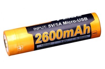 Image of Fenix Rechargeable Li-ion 18650 3.6 Volt Battery w/Built in USB port, 2600mAh, Orange/Black ARB-L18-2600U