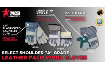 Image of MCR Safety A Grade Shoulder Leather Split Leather Palm Work Gloves, 4.5in Plasticized Gauntlet Cuff, Gray, Large, 1410A