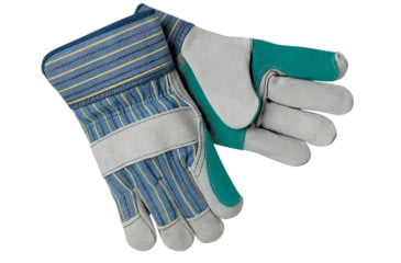 Image of MCR Safety A Select Shoulder Split Leather Work Gloves with Double Palm, 2.5in Plasticized Safety Cuff, Gray and Green, Medium, 1411M