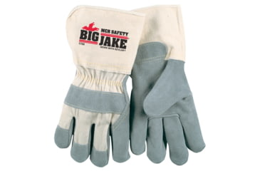 Image of MCR Safety Big Jake Premium A+ Side Leather Palm Work Gloves, 4.5in Extended Gauntlet Duck Cuff, Sewn with DuPont Kevlar, Gray, Large, 1730L