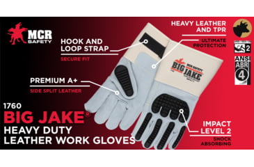 Image of MCR Safety Big Jake Ultimate Protection Premium A+ Side Leather Palm Work Gloves, Gray, Large, 1760L