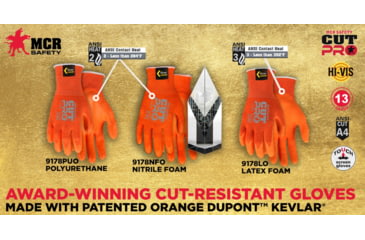 Image of MCR Safety Cut Pro 13 Gauge Kevlar Shell Cut Resistant Work Gloves, PU Coated Palm and Fingertips, Orange, Small, 9178PUOS