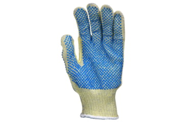 Image of MCR Safety Cut Pro Hero 7 Gauge Regular Weight Shell Cut Resistant Work Gloves, ARX Aramid, PVC Dotted Back and Palm, Blue/Green, Large, 93859L