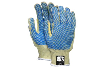 Image of MCR Safety Cut Pro Hero 7 Gauge Regular Weight Shell Cut Resistant Work Gloves, ARX Aramid, PVC Dotted Back and Palm, Blue/Green, Large, 93859L