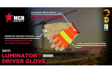 Image of MCR Safety Luminator Hi-Vis Leather Drivers Work Gloves, Premium Grade Grain Pigskin with Mesh Back, Reflective Stripe, Beige, Large, 34111L