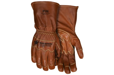 Image of MCR Safety Mustang Utility Leather Work Gloves, Grain Goat Double Palm, DuPont Kevlar Lined and Sewn, Extended Gauntlet Cuff and Wing Thumb, Brown, Medium, MU3624GKM