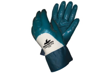 Image of MCR Safety Predalite Nitrile Coated Work Gloves, Palm and Over the Knuckle Coating, Soft Interlock Lining, Treated with ActiFresh, PVC Safety Cuff, Blue/White, Small, 9785S