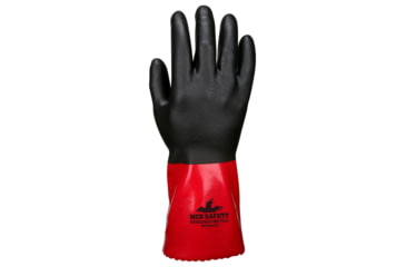 Image of MCR Safety PredaStretch Work Gloves, 18 Gauge Seamless Nylon Shell, Full PVC Nitrile Coating with Sandy Finish, 12in Gauntlet Cuff, Red and Black, Small, MG9648S