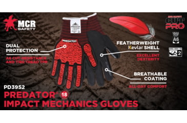 Image of MCR Safety Predator Mechanics Impact Resistant Work Gloves, Cut Resistant Kevlar Steel Shell, Tire Tread TPR on Back, Fingers, and Thumb, Black, Large, PD3952L