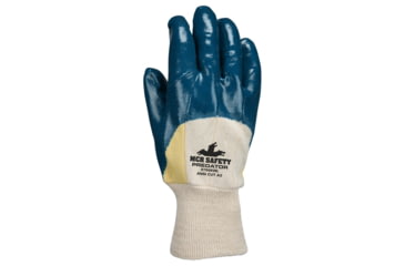 Image of MCR Safety Predator Series Over the Knuckle Nitrile Coated Work Gloves, Palm Reinforced with DuPont Kevlar, Knit Wrist and Jersey Lined, Blue/White, Large, 9760KW