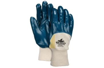 Image of MCR Safety Predator Series Over the Knuckle Nitrile Coated Work Gloves, Palm Reinforced with DuPont Kevlar, Knit Wrist and Jersey Lined, Blue/White, Large, 9760KW