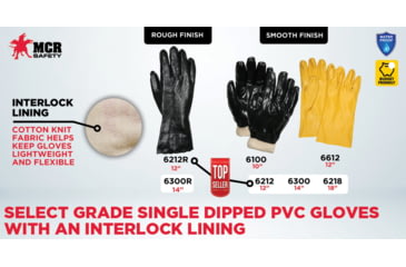 Image of MCR Safety PVC Coated Work Gloves, Single Dipped with Smooth PVC, Soft Interlock Lining, Comfortable Knit Wrist, Black, Large, 6100