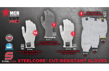 Image of MCR Safety Steelcore 2 7 Gauge Regular Weight Cut Resistant Work Gloves, Polyester Wrapped Stainless Steel, White, X - Small, 9350XS