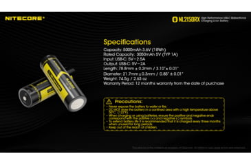 Image of Nitecore NL2150RX 5000mAh USB-C Rechargeable 21700 Battery, Black/Yellow, 6952506495535