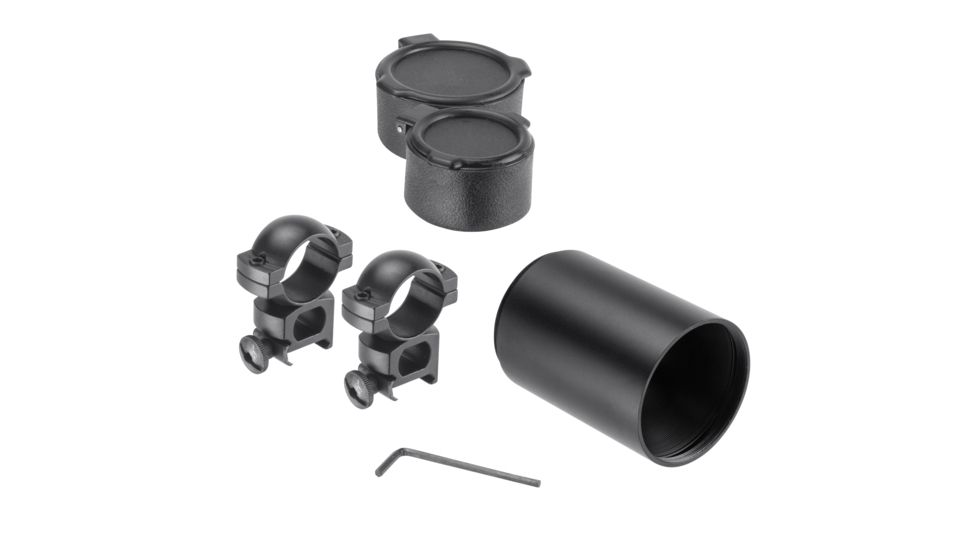 USED Barska Accessory Pack, for AC10046 Rifle Scope, 1 inch High Rings, 42mm Sunshade, Flip-Up Lens Covers, Matte Black, AF10478, EDEMO1
