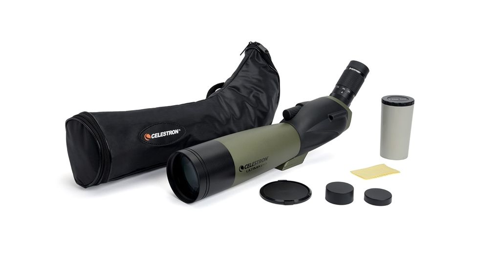 OpticsPlanet Exclusive Celestron Ultima 80mm Angled Spotting Scope, Olive Green/Black w/Tripod 93606 52250-OP