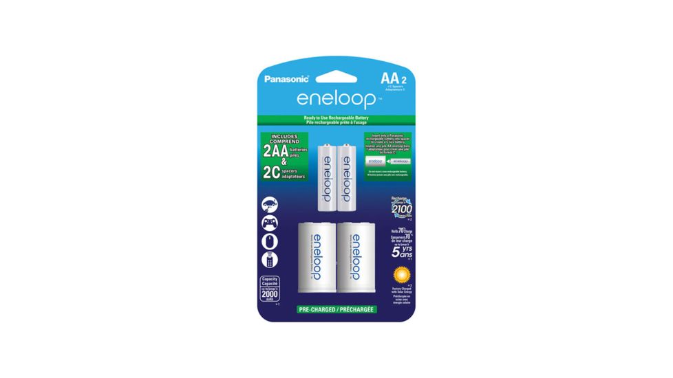 Eneloop Rechargeable AA 1.2V 2000mAh NiMh Batteries with C-cell Spacers - 2pk, White, K-KJS2MCA2BA