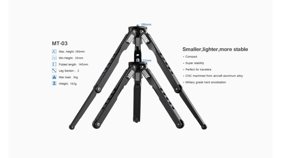 Leofoto MT-03 Folding Aluminum Mini Tripod w/ Bag, Black, MT-03