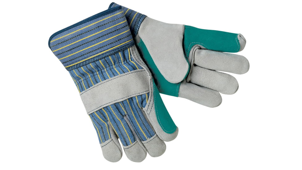 MCR Safety A Select Shoulder Split Leather Work Gloves with Double Palm, 2.5in Plasticized Safety Cuff, Gray and Green, Medium, 1411M