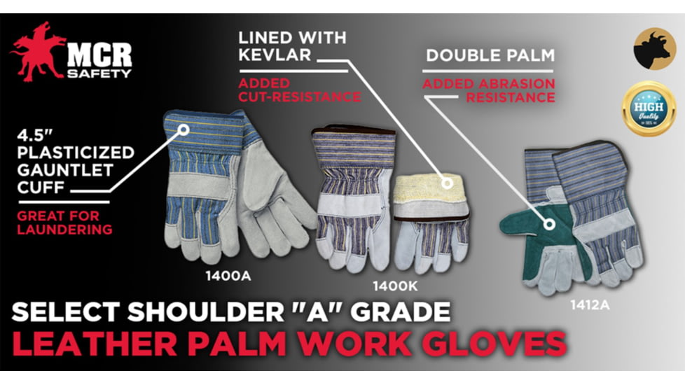 MCR Safety A Shoulder Leather Palm Work Gloves, 2.5in Plasticized Safety Cuff, Pair, Gray, Large, 1400A