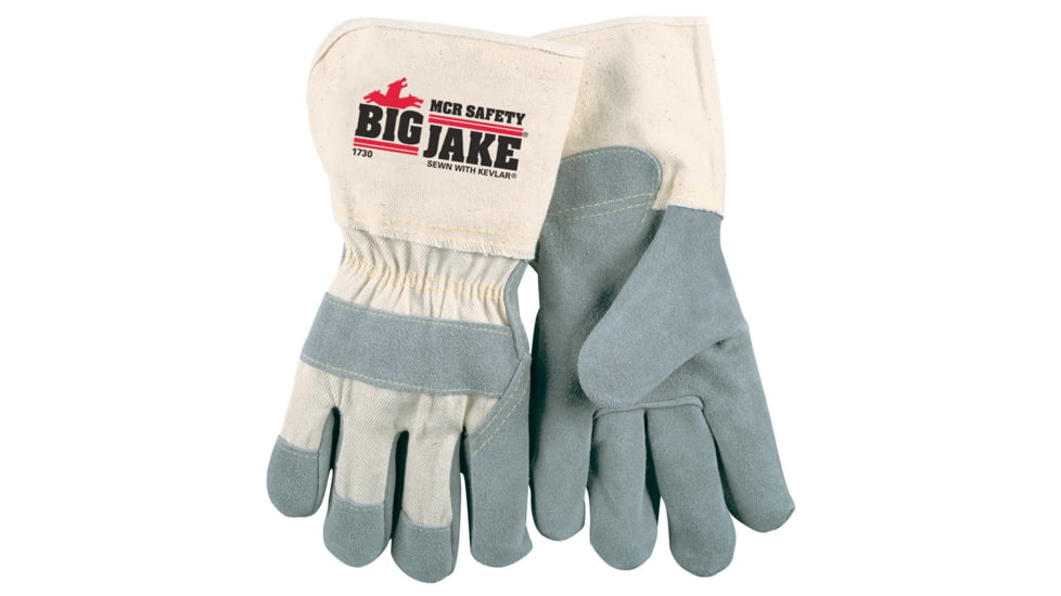 MCR Safety Big Jake Premium A+ Side Leather Palm Work Gloves, 4.5in Extended Gauntlet Duck Cuff, Sewn with DuPont Kevlar, Gray, Large, 1730L