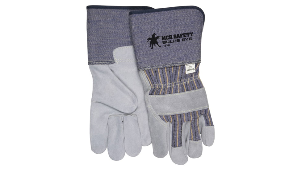 MCR Safety Bulls Eye A Side Split Leather Palm Work Gloves, 4in Rubberized Safety Cuff, Sewn with DuPont Kevlar, Gray, Large, 1910L