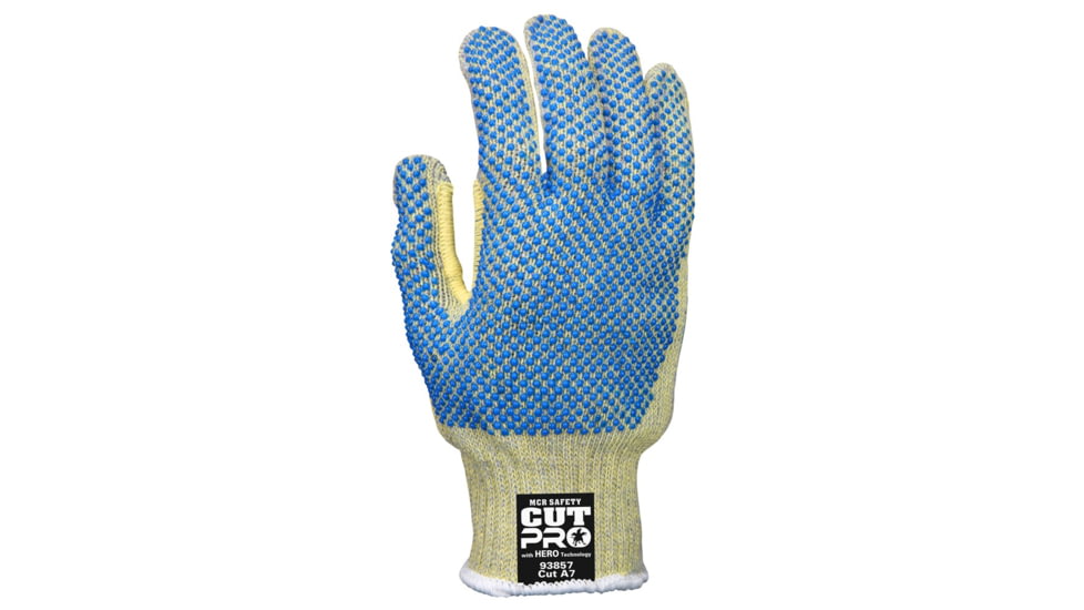 MCR Safety Cut Pro Hero 7 Gauge Regular Weight Shell Cut Resistant Work Gloves, ARX Aramid, PVC Dotted Back and Palm, Blue/Green, Large, 93859L
