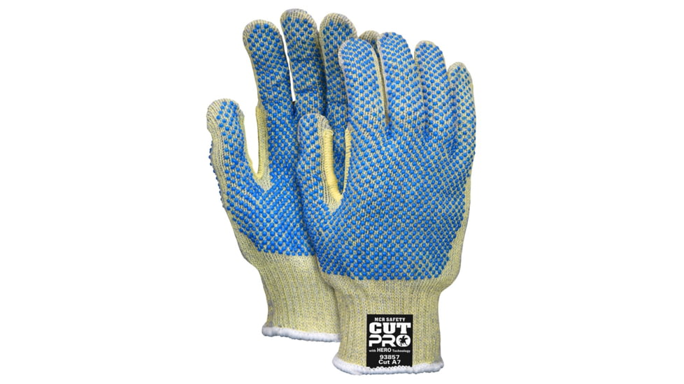 MCR Safety Cut Pro Hero 7 Gauge Regular Weight Shell Cut Resistant Work Gloves, ARX Aramid, PVC Dotted Back and Palm, Blue/Green, Large, 93859L