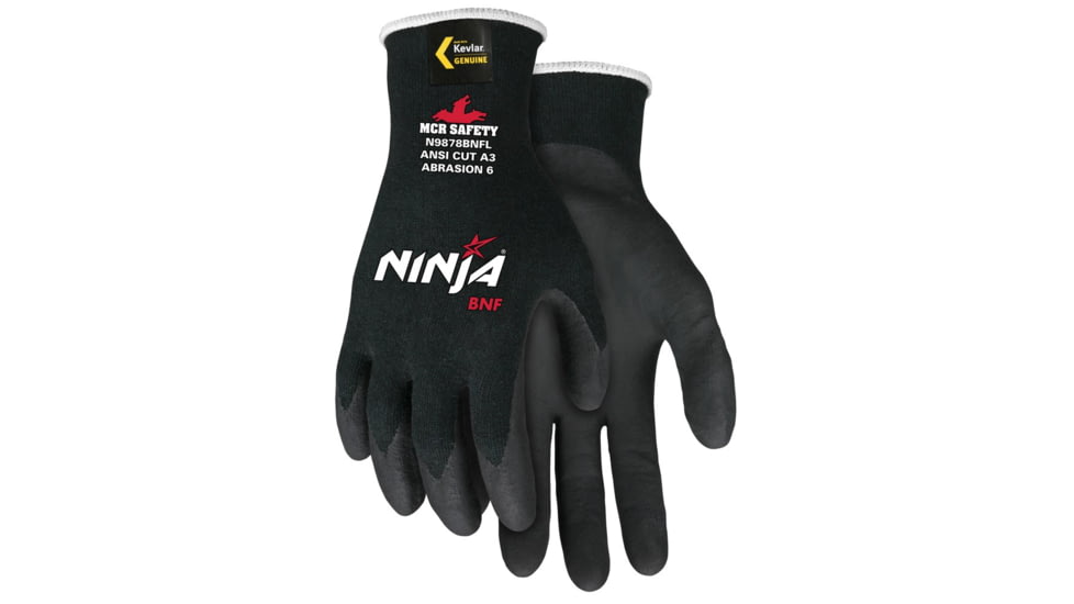 MCR Safety Cut Pro Ninja BNF Work Gloves, 18 Gauge Kevlar Shell, NFT Coated Palm and Fingertips, Black, Medium, N9878BNFM