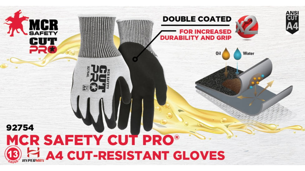 MCR Safety Cut Pro Work Gloves, 13 Gauge Cut Resistant HyperMax Shell, Double Coated Nitrile, Black/Salt and Pepper, XX - Large, 92754XXL