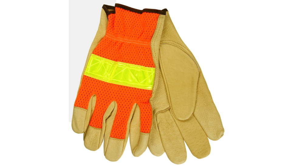 MCR Safety Luminator Hi-Vis Leather Drivers Work Gloves, Premium Grade Grain Pigskin with Mesh Back, Reflective Stripe, Beige, Large, 34111L