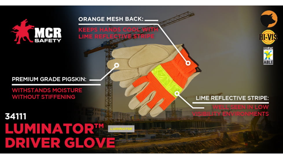 MCR Safety Luminator Hi-Vis Leather Drivers Work Gloves, Premium Grade Grain Pigskin with Mesh Back, Reflective Stripe, Beige, Large, 34111L