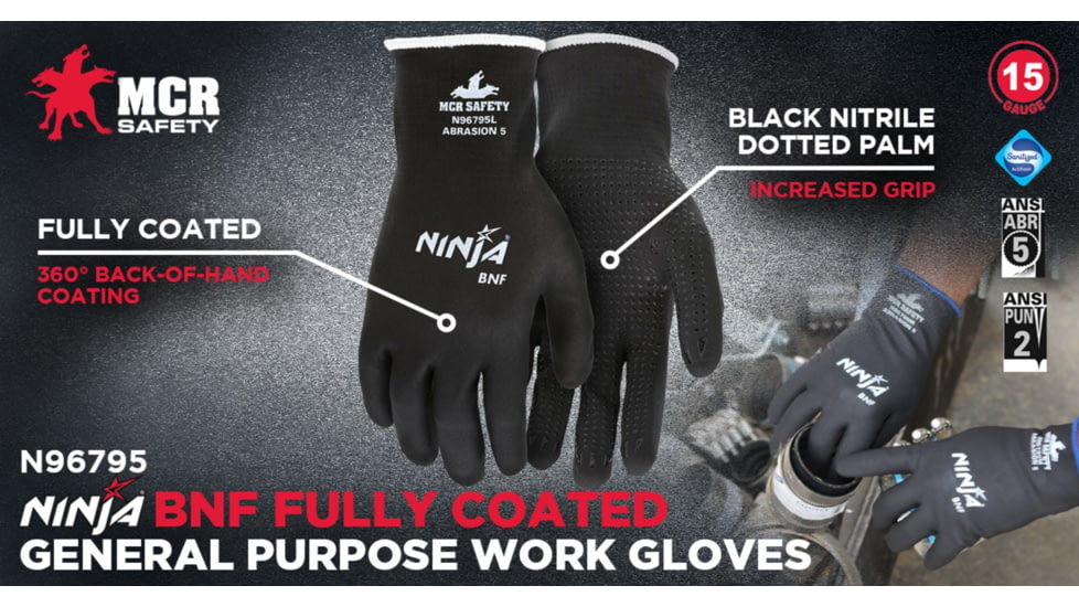 MCR Safety Ninja BNF Work Gloves, 15 Gauge Nylon/Spandex Shell, NFT Fully Coated, Black, X - Large, N96795XL