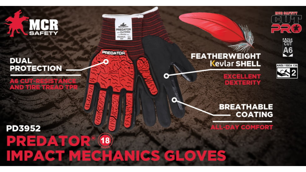MCR Safety Predator Mechanics Impact Resistant Work Gloves, Cut Resistant Kevlar Steel Shell, Tire Tread TPR on Back, Fingers, and Thumb, Black, Large, PD3952L