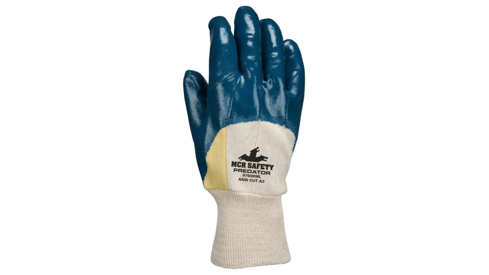 MCR Safety Predator Series Over the Knuckle Nitrile Coated Work Gloves, Palm Reinforced with DuPont Kevlar, Knit Wrist and Jersey Lined, Blue/White, Large, 9760KW