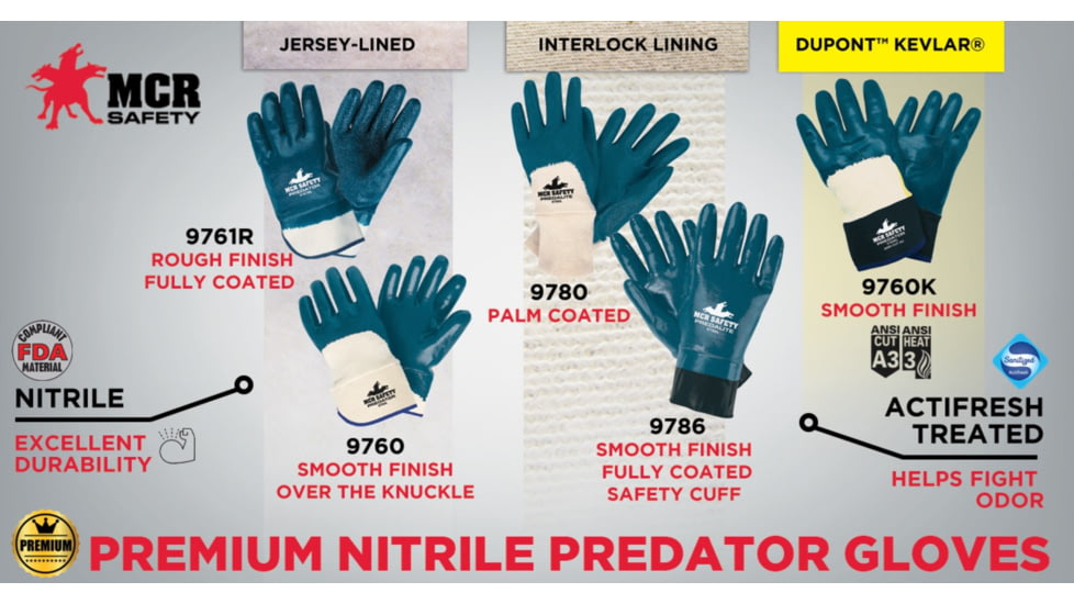 MCR Safety Predator Series Fully Rough Nitrile Coated Work Gloves, Safety Cuff and Jersey Lined, Treated with ActiFresh, Blue, Small, 9761RS