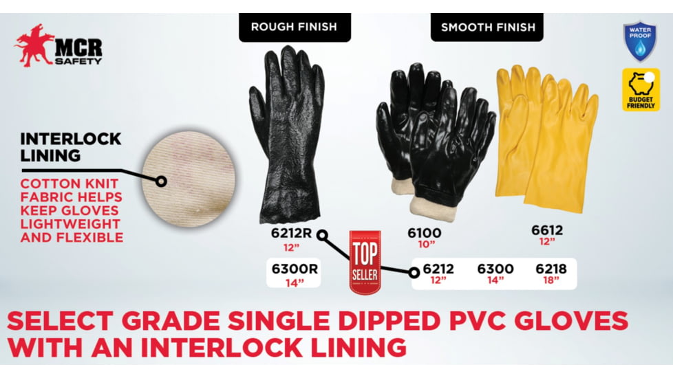 MCR Safety PVC Coated Work Gloves, Single Dipped with Smooth PVC, Soft Interlock Lining, Comfortable Knit Wrist, Black, Large, 6100