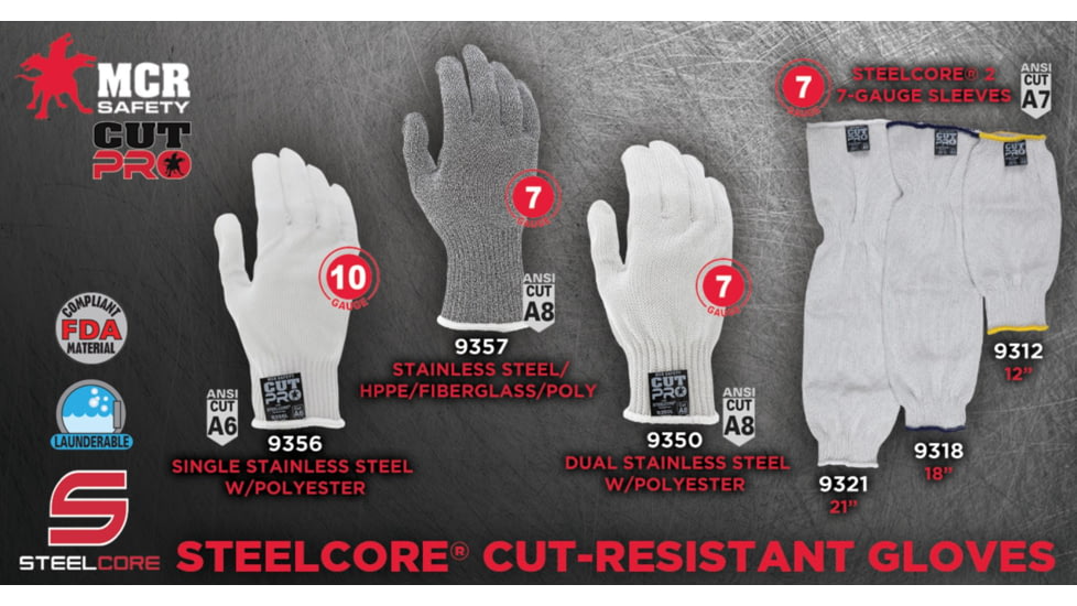 MCR Safety Steelcore 2 7 Gauge Regular Weight Cut Resistant Work Gloves, Polyester Wrapped Stainless Steel, White, X - Small, 9350XS