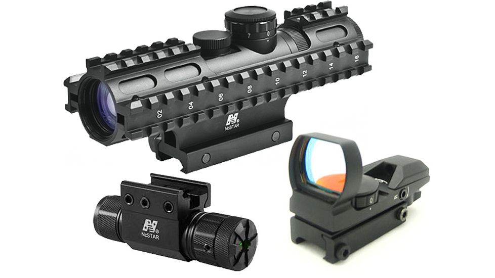 NcStar 2-7x32mm Rifle Scope Kit 1 - Mil Dot Reticle w/ Green Laser and Red Dot Sight
