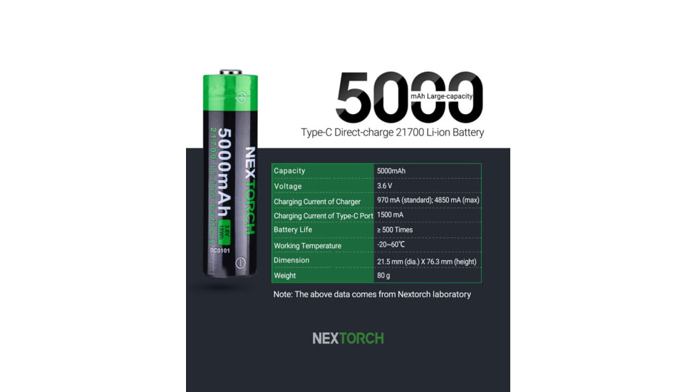 Nextorch 21700 USB-C Direct Recharge Battery, Black, BW20045