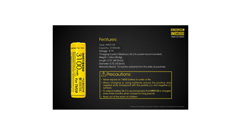 Nitecore IMR18650 for TM28, Concept 1. 3100mAH, Protected, Yellow, 6952506492220