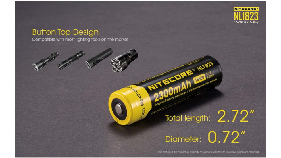 Nitecore NL1823 2300mAh Rechargeable 18650 Battery, Yellow, 6952506491476