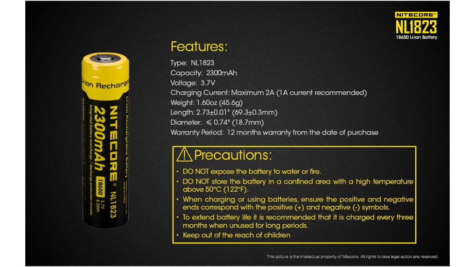 Nitecore NL1823 2300mAh Rechargeable 18650 Battery, Yellow, 6952506491476