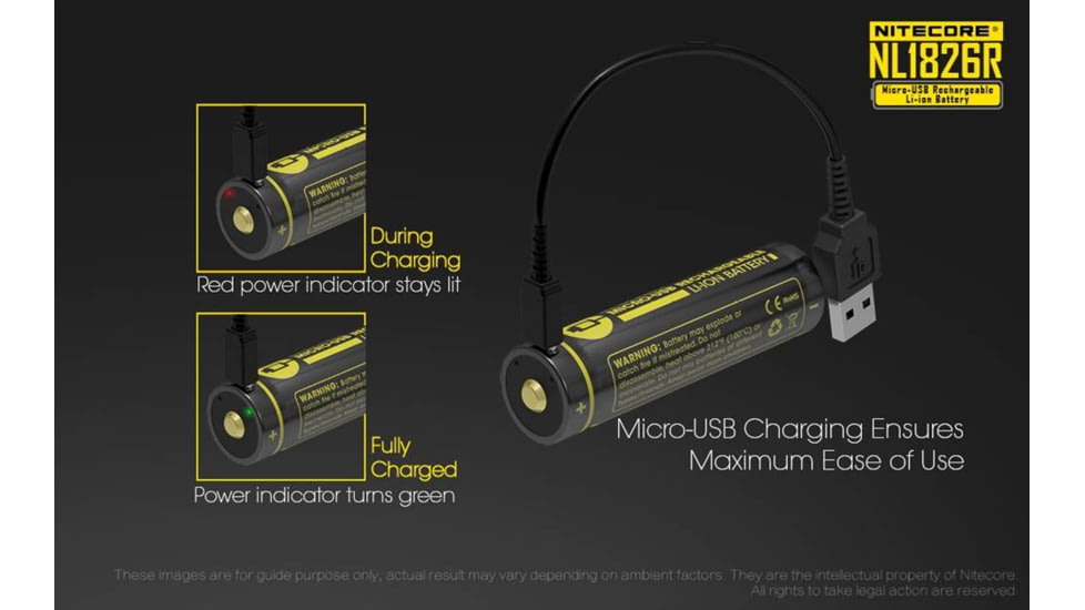 Nitecore NL1826R 2600mAh USB Rechargeable 18650 Li-ion Battery, Yellow, 6952506492299