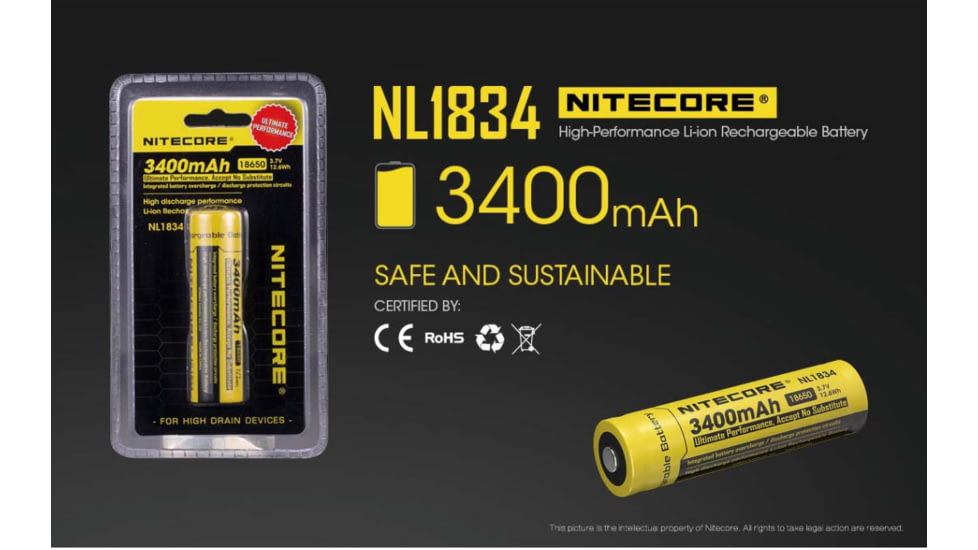 Nitecore NL1834 3400mAh Rechargeable 18650 Battery, Yellow, 6952506491506