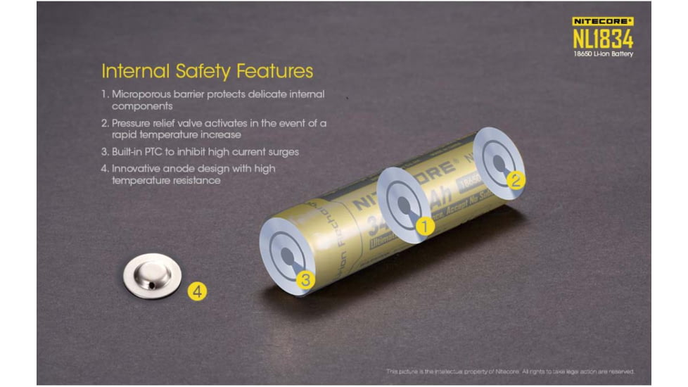 Nitecore NL1834 3400mAh Rechargeable 18650 Battery, Yellow, 6952506491506