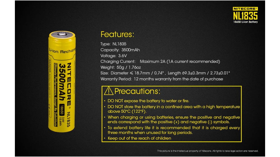 Nitecore NL1835 3500mAh Rechargeable 18650 Battery, Yellow, 6952506491469