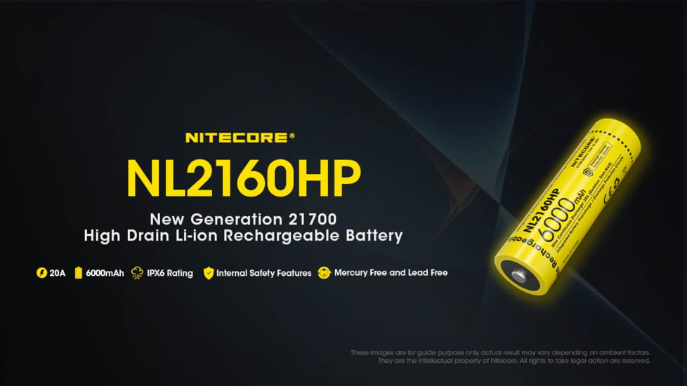 Nitecore NL2160HP 6000mAh Rechargeable 21700 Battery, Black/Yellow, 6952506496426